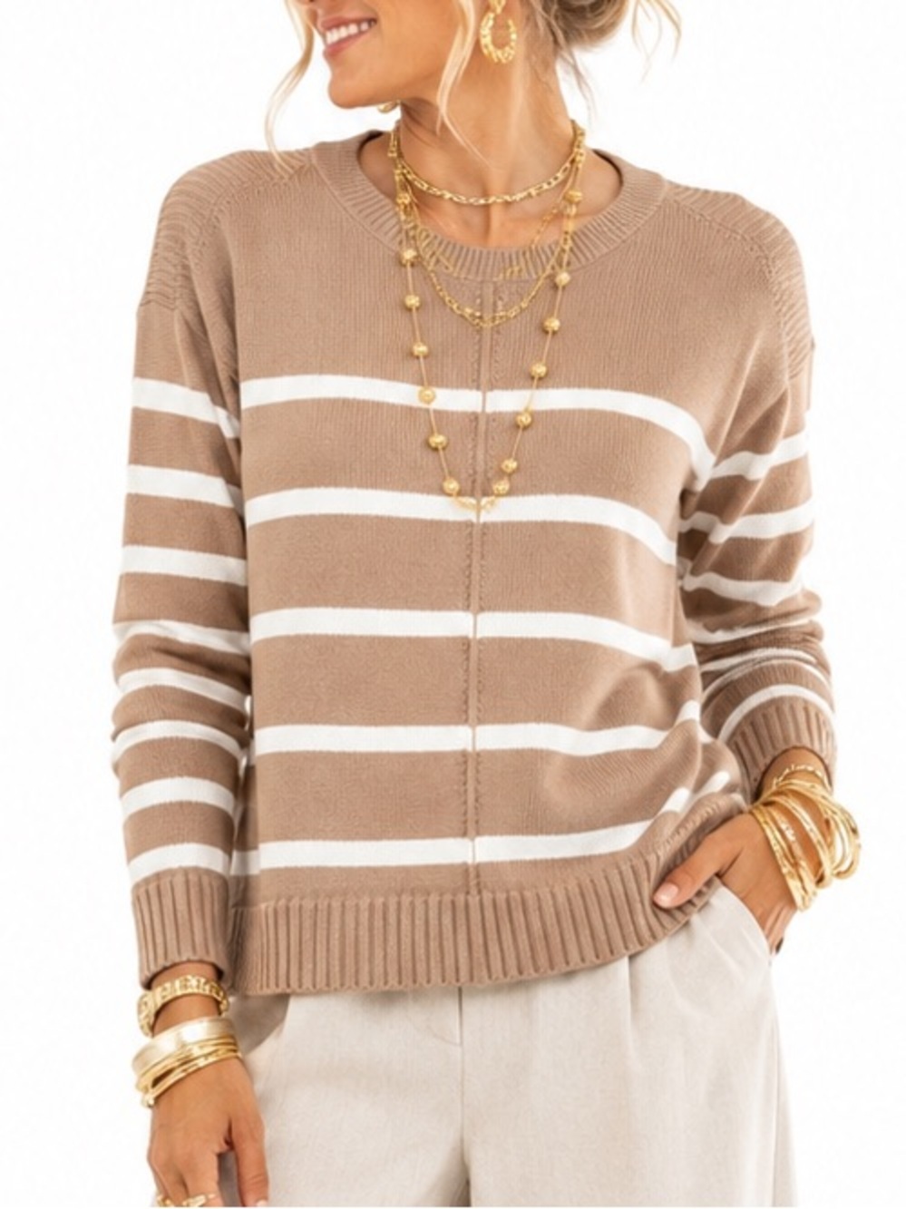 TALBOTS TAN & WHITE STRIPED OLD MONEY CREW NECK SWEATER SZ XS EUC